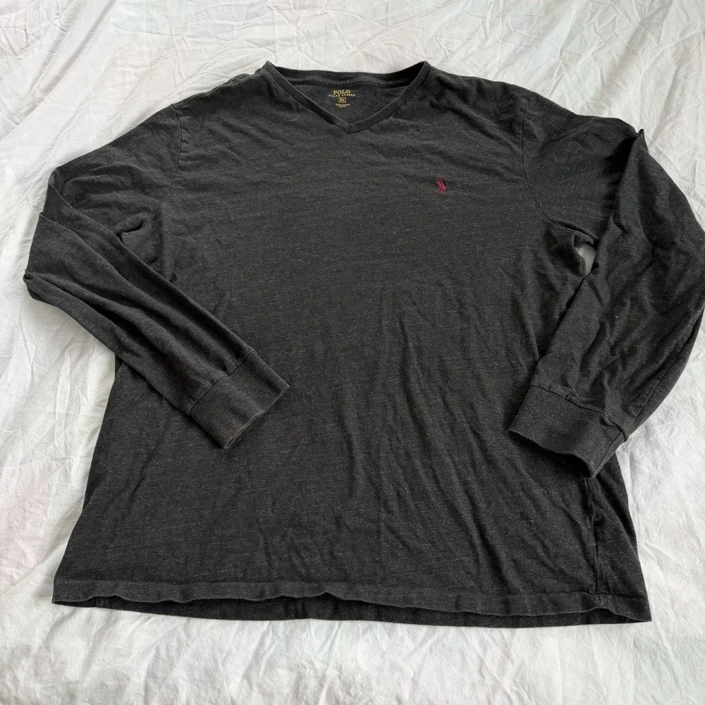 Polo Ralph Lauren Mens XL V Neck Long Sleeve Shirt Gray Red Pony‎